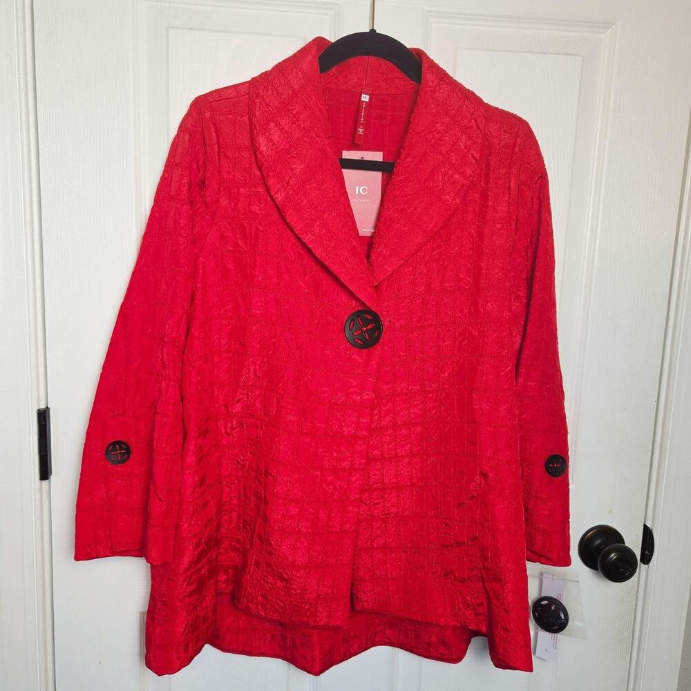 IC Collection Jacket L Red Textured Taffeta Shawl Collar Button 3/4 Sleeve USA